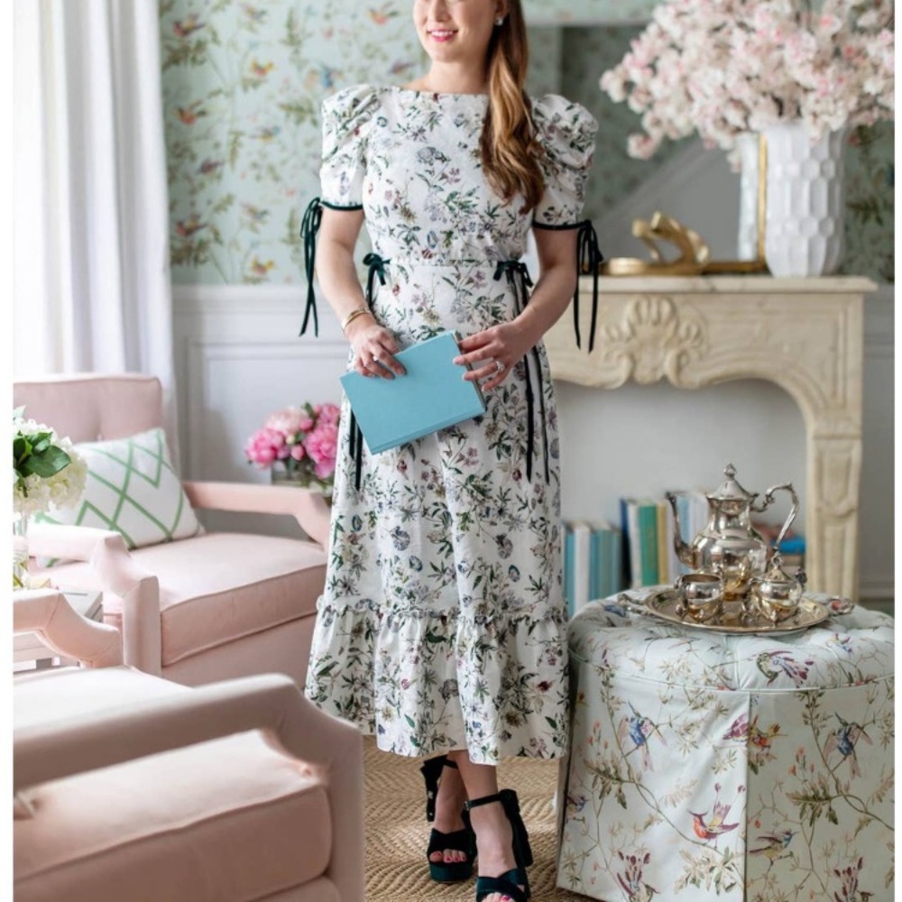 ANTONIO MELANI Nicola Bathie Jacquard White Green Floral Print Velvet Bow Dress
